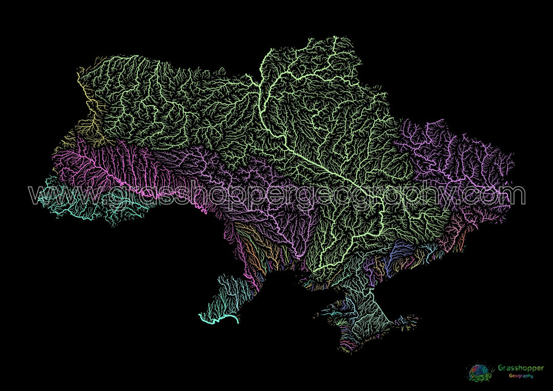 Ukraine - River basin map, pastel on black - Fine Art Print