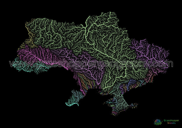 Ucrania - Mapa de la cuenca fluvial, pastel sobre negro - Impresión de bellas artes