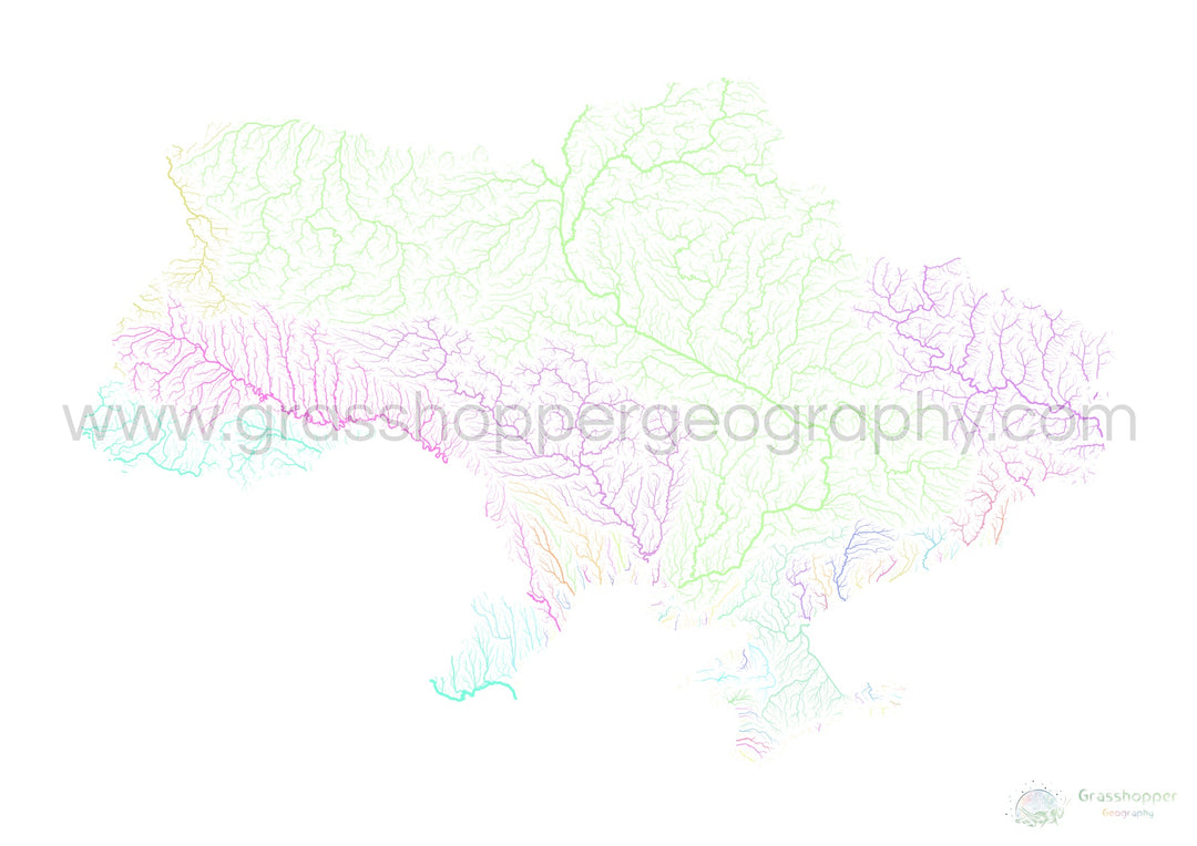 Ucrania - Mapa de la cuenca fluvial, pastel sobre blanco - Impresión de Bellas Artes