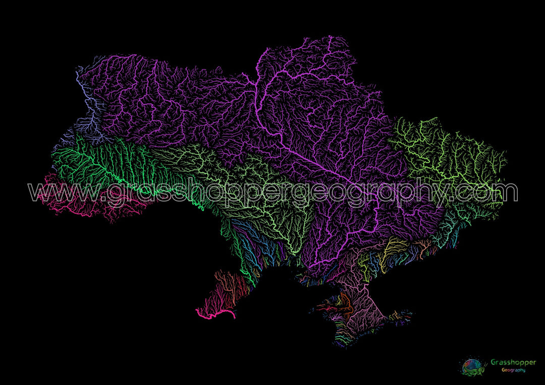 Ucrania - Mapa de la cuenca fluvial, arco iris sobre negro - Impresión de bellas artes