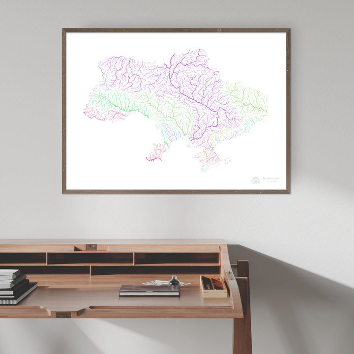 Ucrânia - Mapa da bacia hidrográfica, arco-íris em branco - Impressão de belas artes