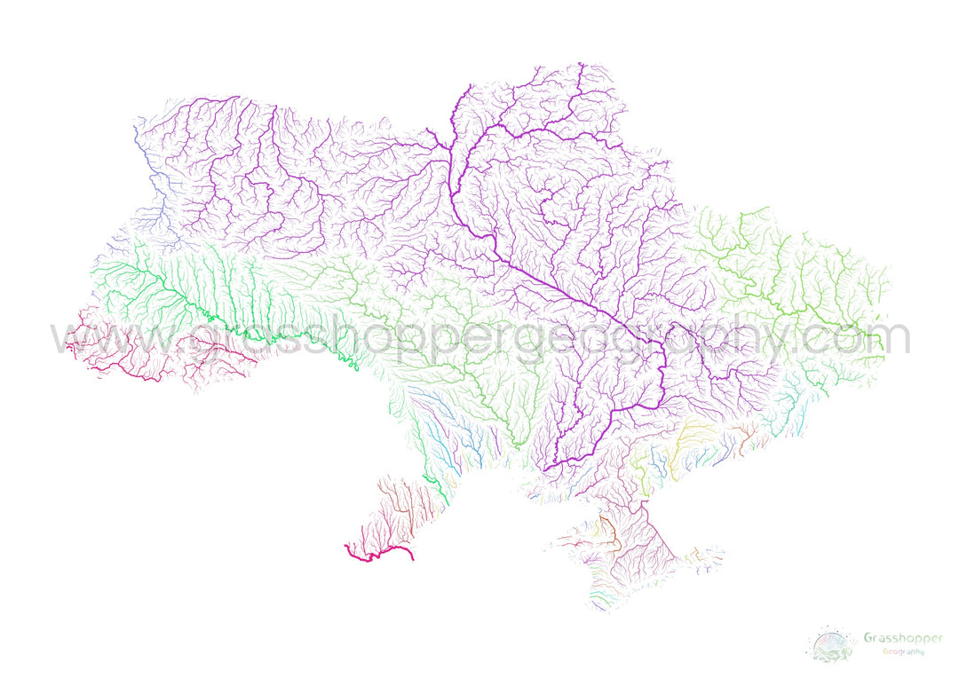 Ucrania - Mapa de la cuenca fluvial, arco iris sobre blanco - Impresión de bellas artes