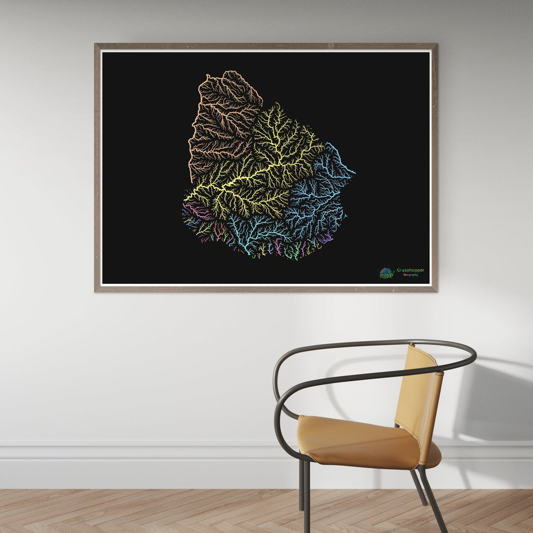 River basin map of Uruguay, pastel colours on black - Fine Art Print