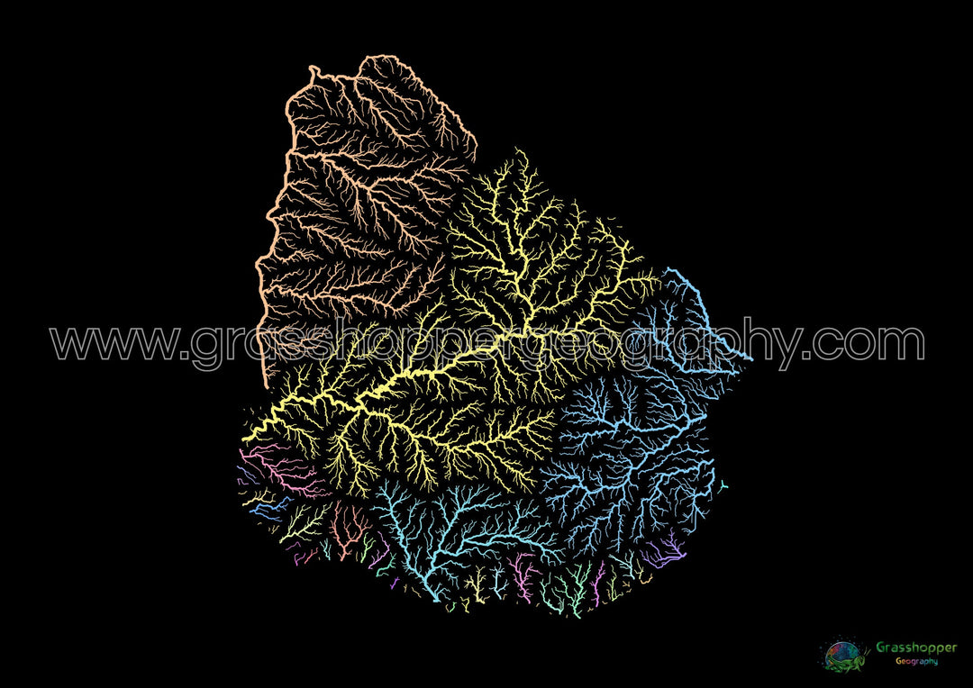 Uruguay - Mapa de la cuenca hidrográfica, pastel sobre negro - Impresión de Bellas Artes