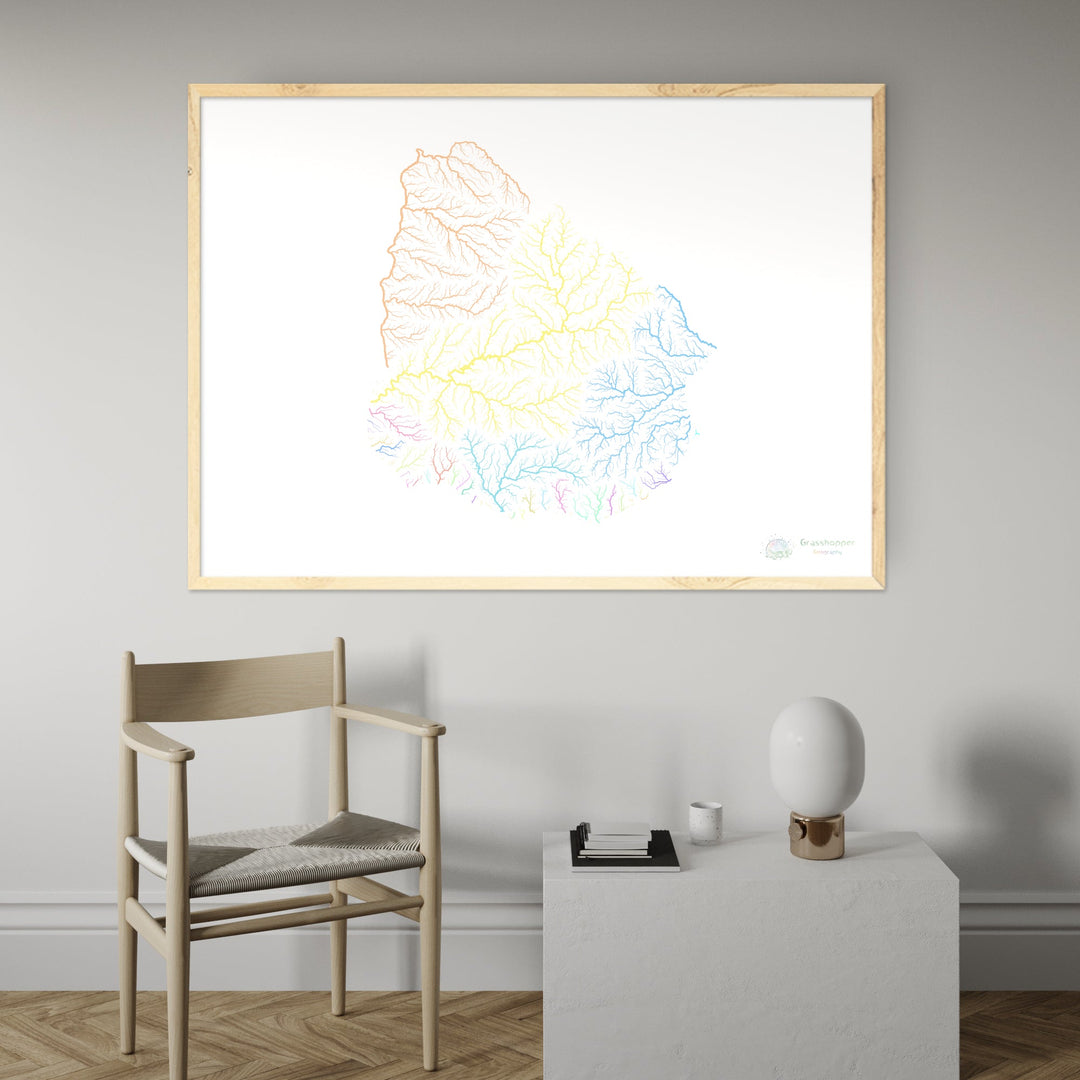 Uruguay - Carte du bassin fluvial, pastel sur blanc - Fine Art Print