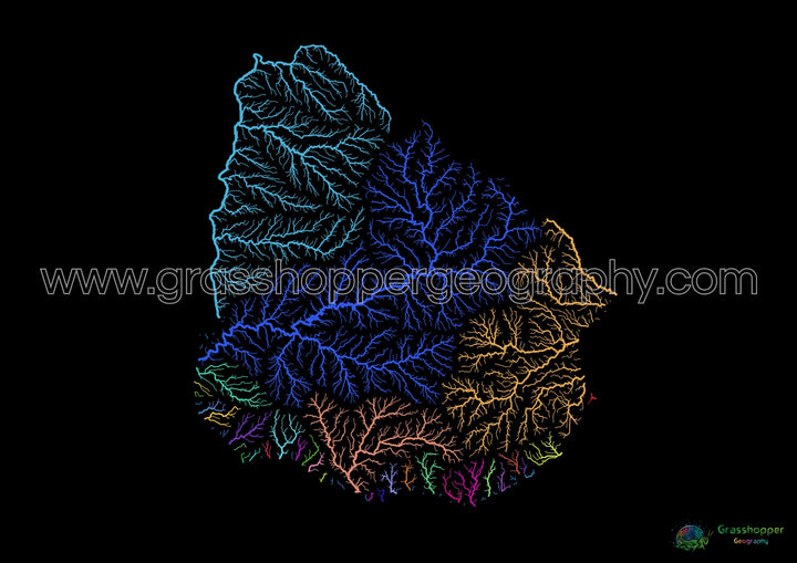 Uruguay - Mapa de cuencas hidrográficas, arcoíris sobre negro - Impresión de Bellas Artes