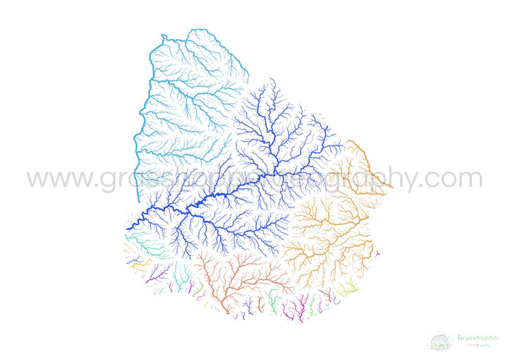 Uruguay - Mapa de cuencas fluviales, arcoíris sobre blanco - Impresión de Bellas Artes