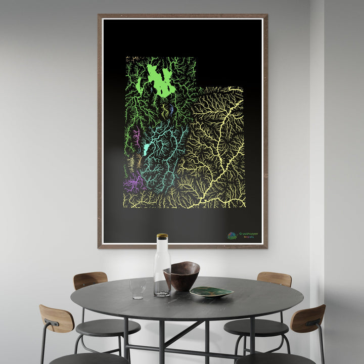 Utah - Carte du bassin fluvial, pastel sur noir - Fine Art Print