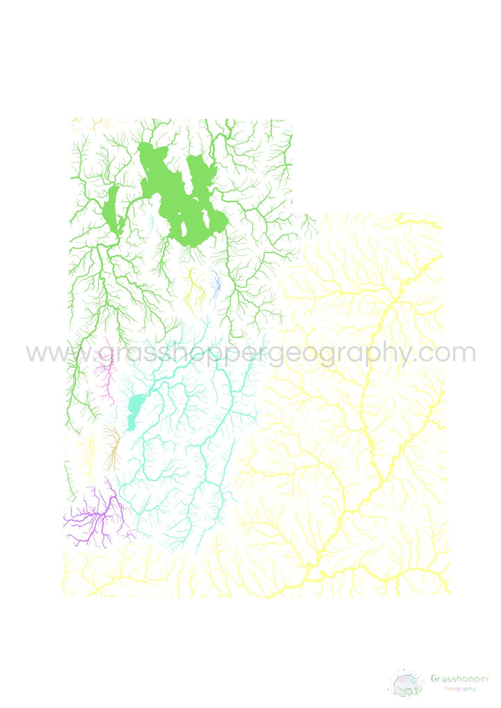 Utah - Mapa de la cuenca del río, pastel sobre blanco - Impresión de Bellas Artes