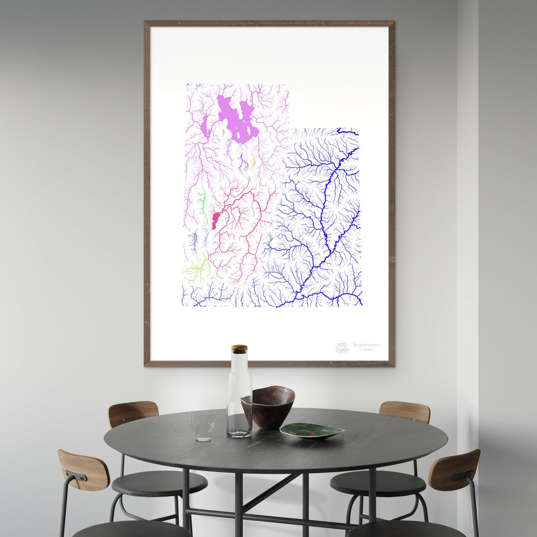 Utah - River basin map, rainbow on white - - Fine Art Print