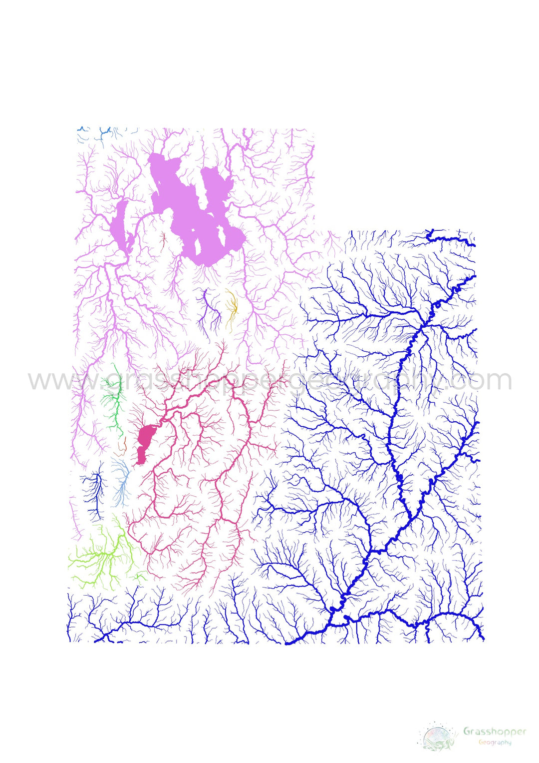 River basin map of Utah, rainbow colours on white - Fine Art Print