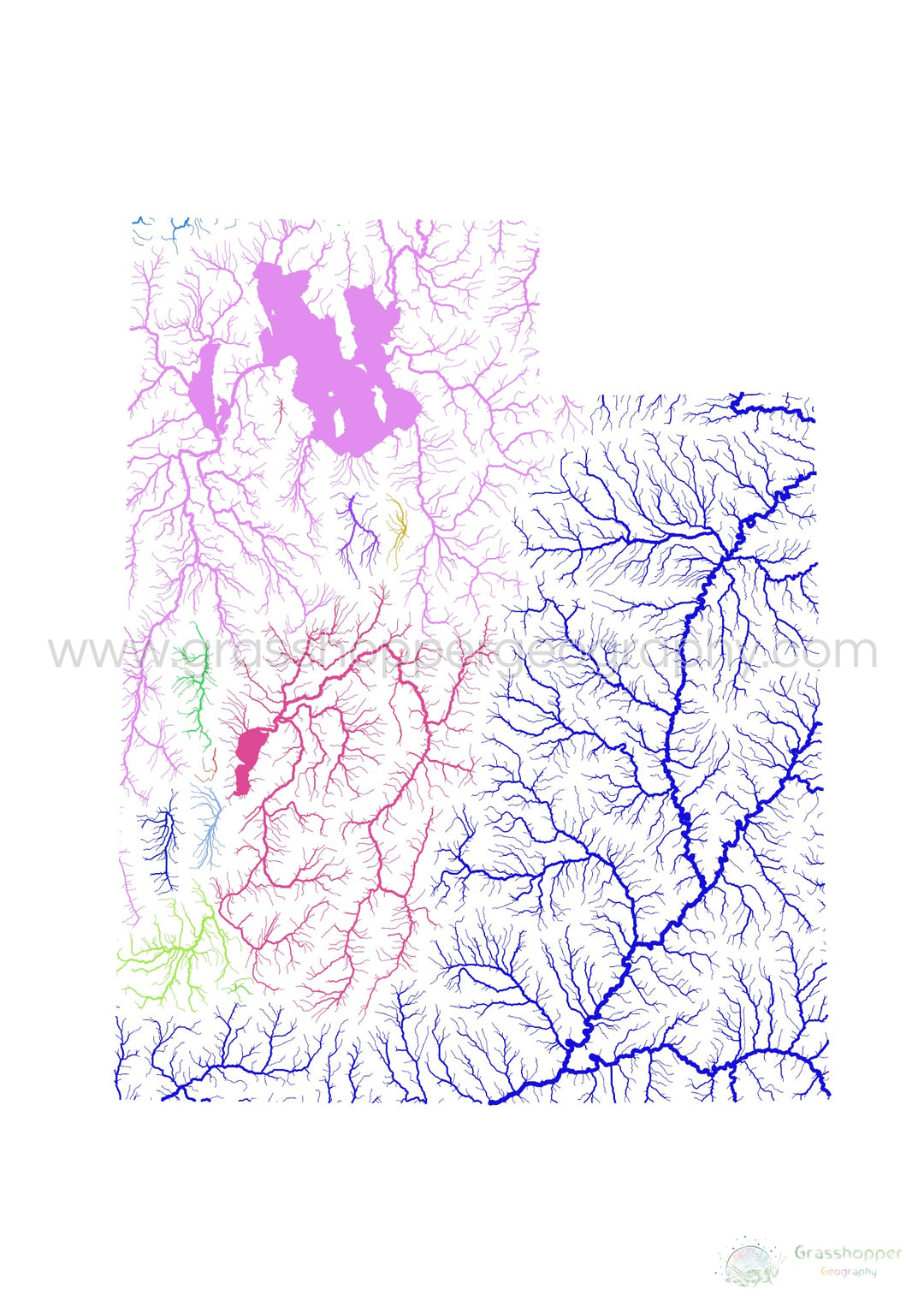 Utah - Mapa da bacia hidrográfica, arco-íris em branco - - Impressão de belas artes