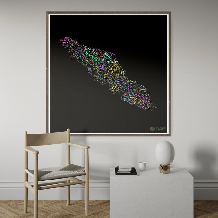 Isla de Vancouver - Mapa de la cuenca fluvial, pastel sobre negro - Impresión de bellas artes