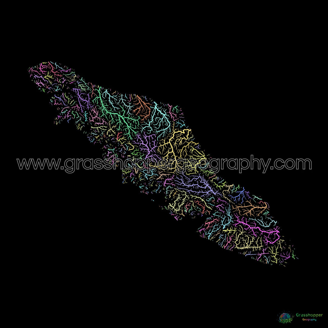 Vancouver Island - River basin map, pastel on black - Fine Art Print