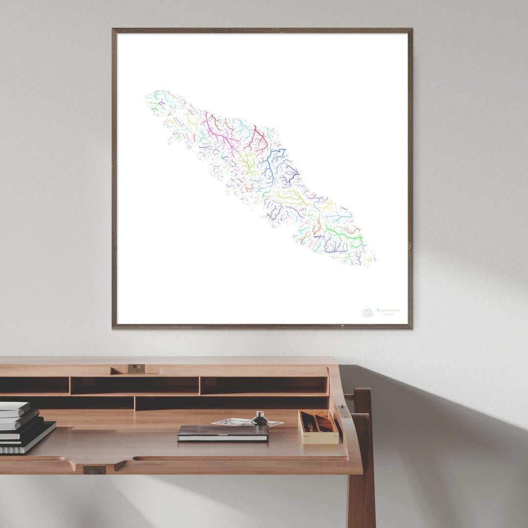 Île de Vancouver - Carte du bassin fluvial, arc-en-ciel sur blanc - Fine Art Print
