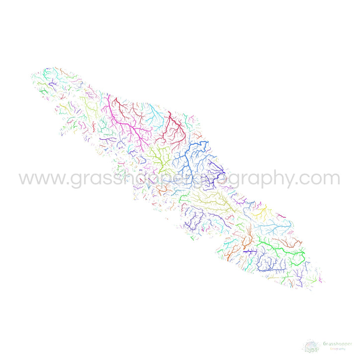 Isla de Vancouver - Mapa de la cuenca del río, arco iris sobre blanco - Impresión de Bellas Artes