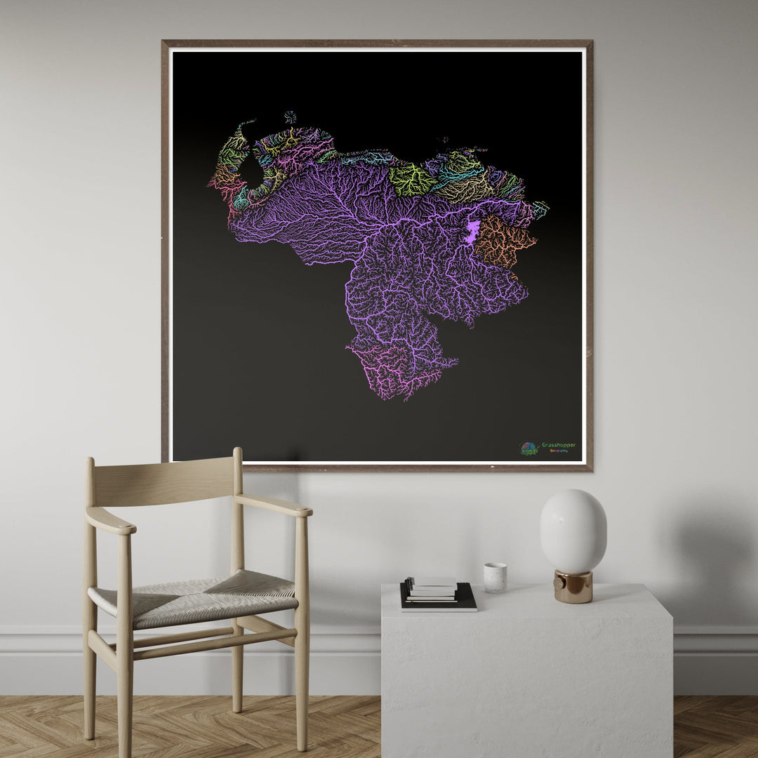 Venezuela - Mapa de la cuenca hidrográfica, pastel sobre negro - Impresión de Bellas Artes