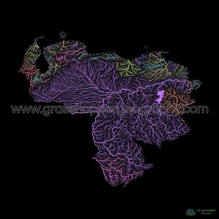 River basin map of Venezuela, pastel colours on black - Fine Art Print