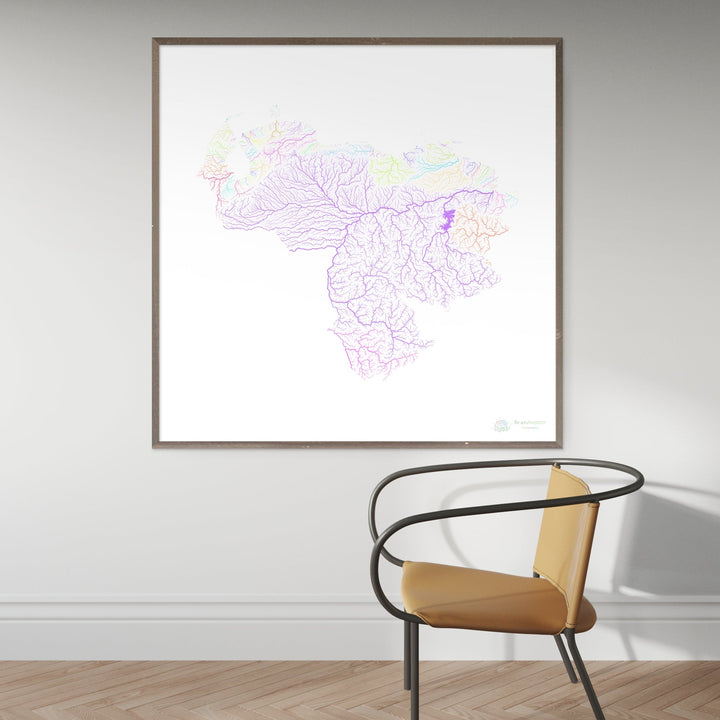 Venezuela - Carte des bassins fluviaux, pastel sur blanc - Fine Art Print