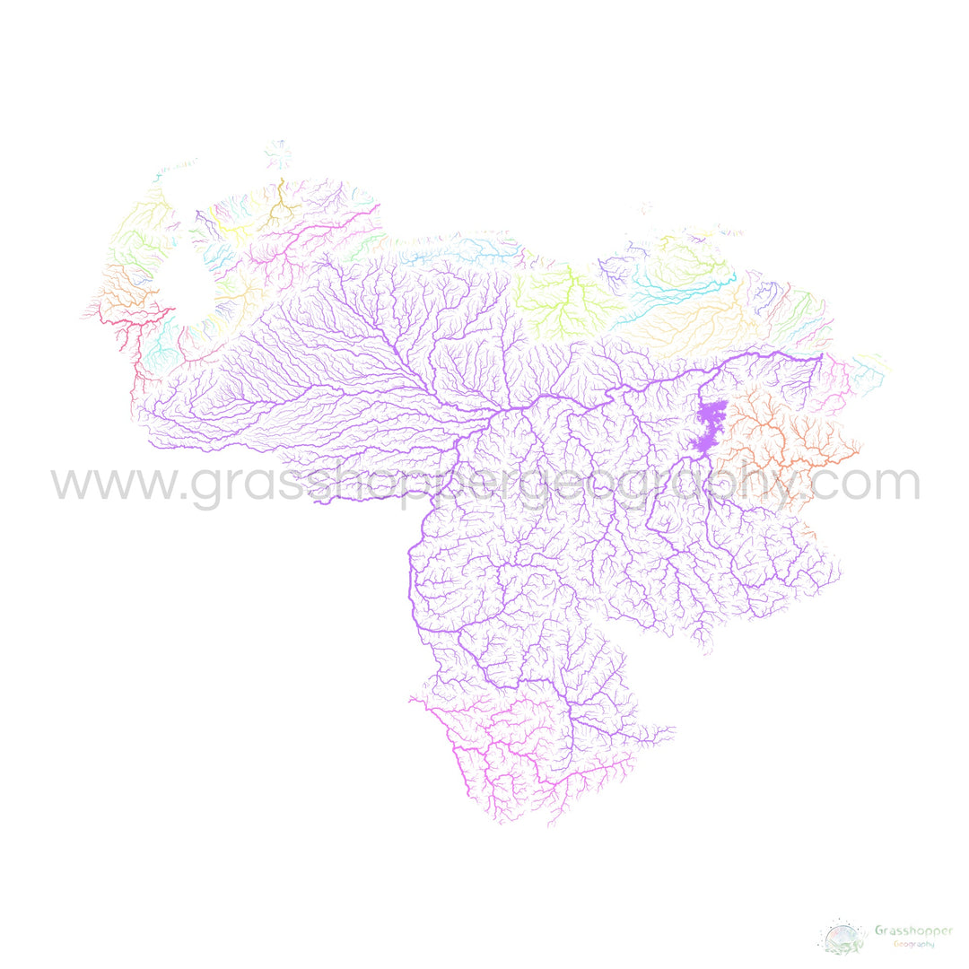 Venezuela - Carte des bassins fluviaux, pastel sur blanc - Fine Art Print