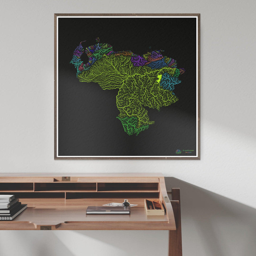 Venezuela - River basin map, rainbow on black - Fine Art Print