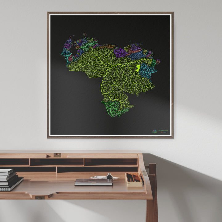 Venezuela - Mapa da bacia hidrográfica, arco-íris em preto - Impressão de belas artes