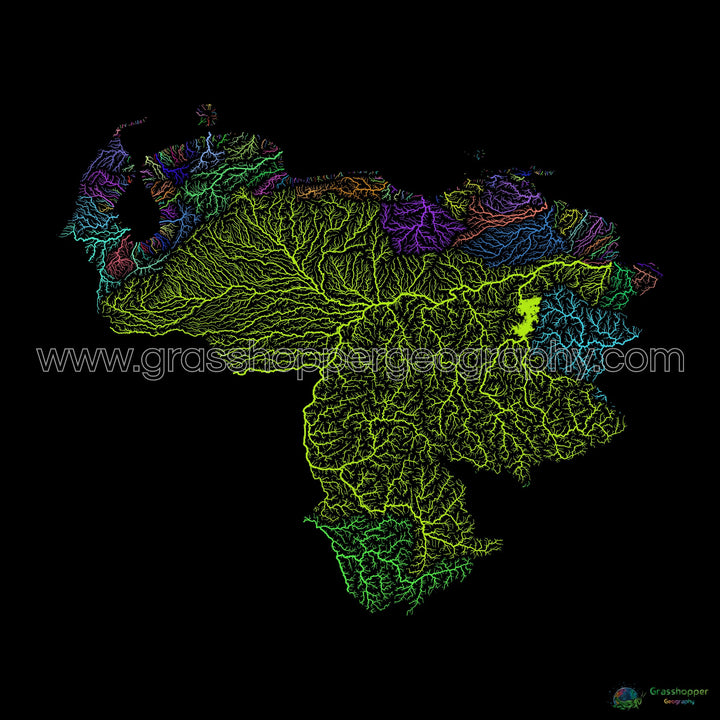 River basin map of Venezuela, rainbow colours on black - Fine Art Print