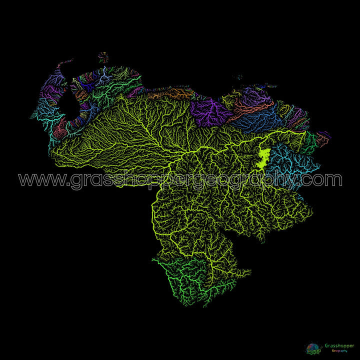 Venezuela - River basin map, rainbow on black - Fine Art Print