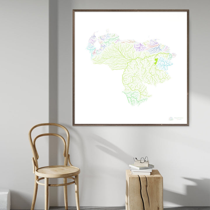 Venezuela - River basin map, rainbow on white - Fine Art Print
