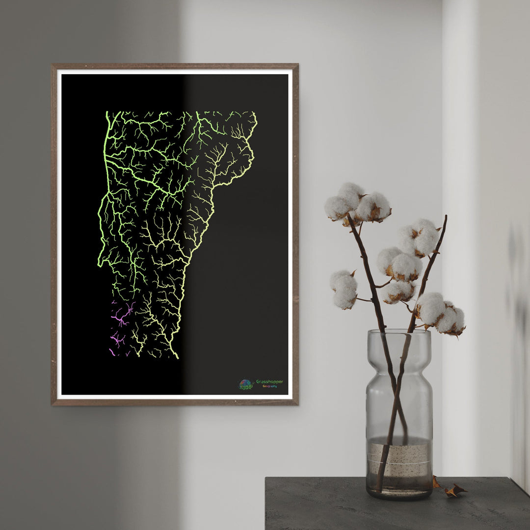 River basin map of Vermont, pastel colours on black - Fine Art Print