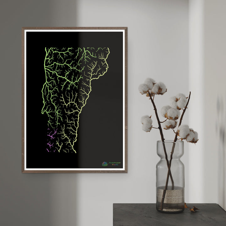 Vermont - Carte du bassin fluvial, pastel sur noir - Fine Art Print