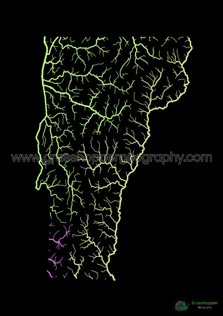 Vermont - Mapa de la cuenca del río, pastel sobre negro - Impresión de Bellas Artes