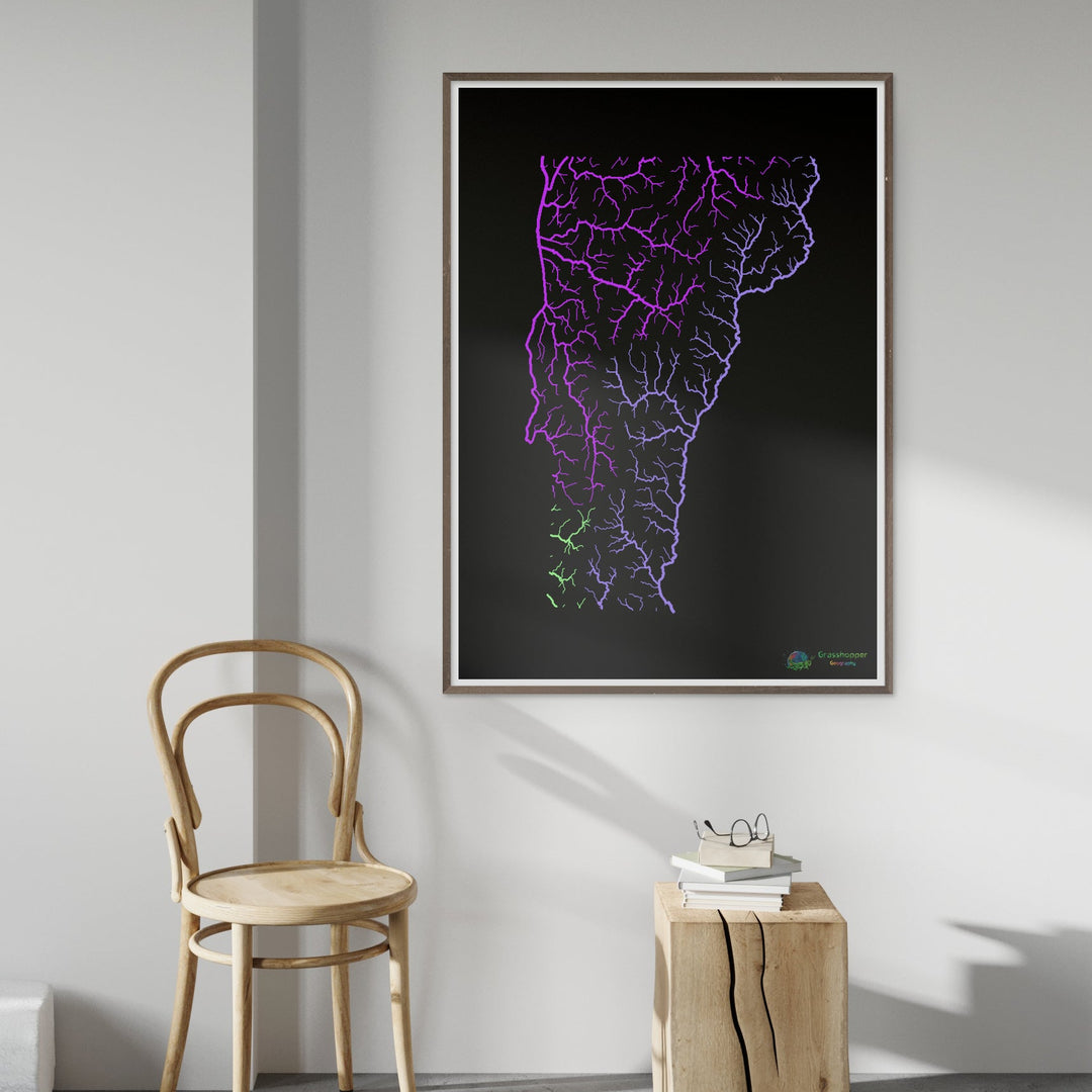 Vermont - River basin map, rainbow on black - Fine Art Print