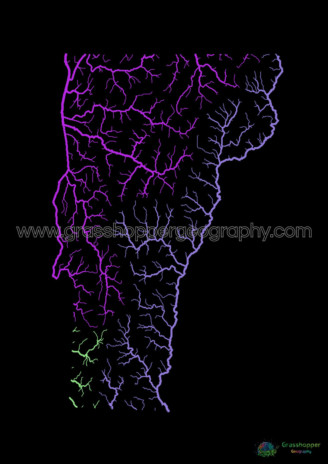 Vermont - Mapa de la cuenca del río, arco iris sobre negro - Impresión de Bellas Artes