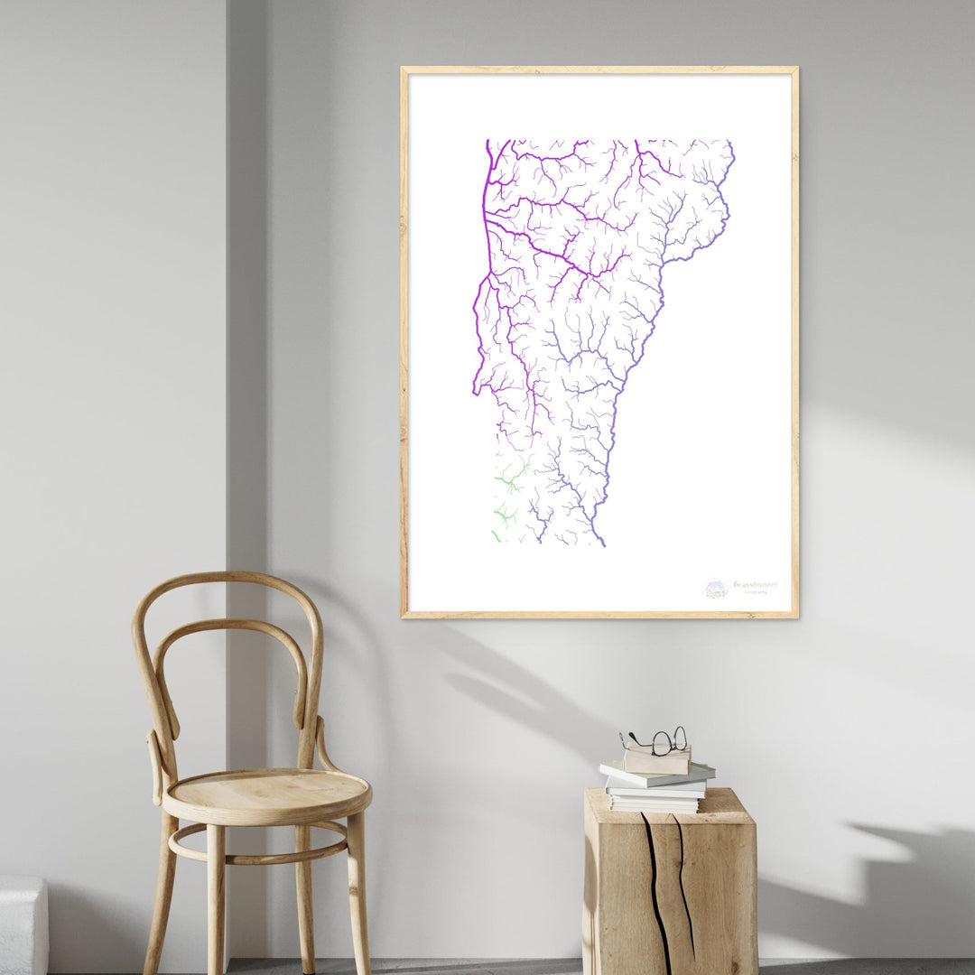 Vermont - Mapa da bacia hidrográfica, arco-íris em branco - Impressão de belas artes