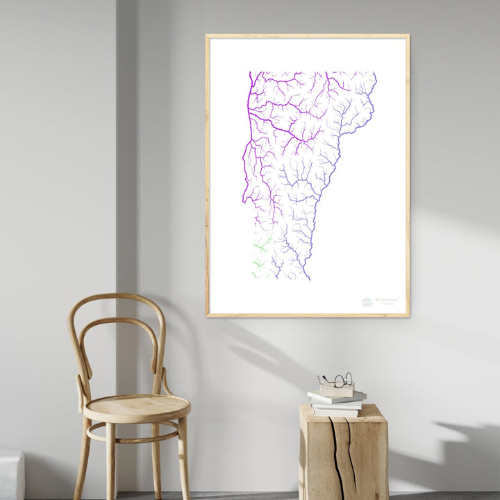 Vermont - Carte du bassin fluvial, arc-en-ciel sur blanc - Fine Art Print