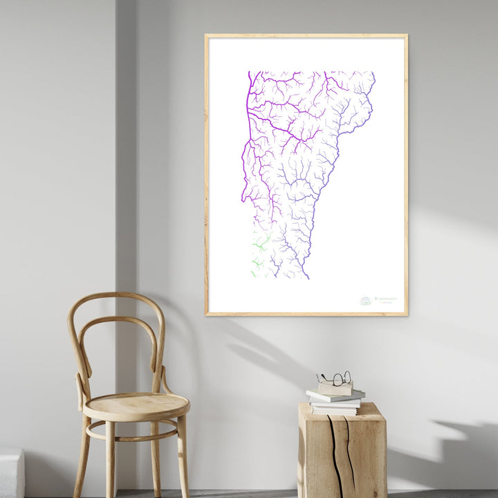 Vermont - River basin map, rainbow on white - Fine Art Print