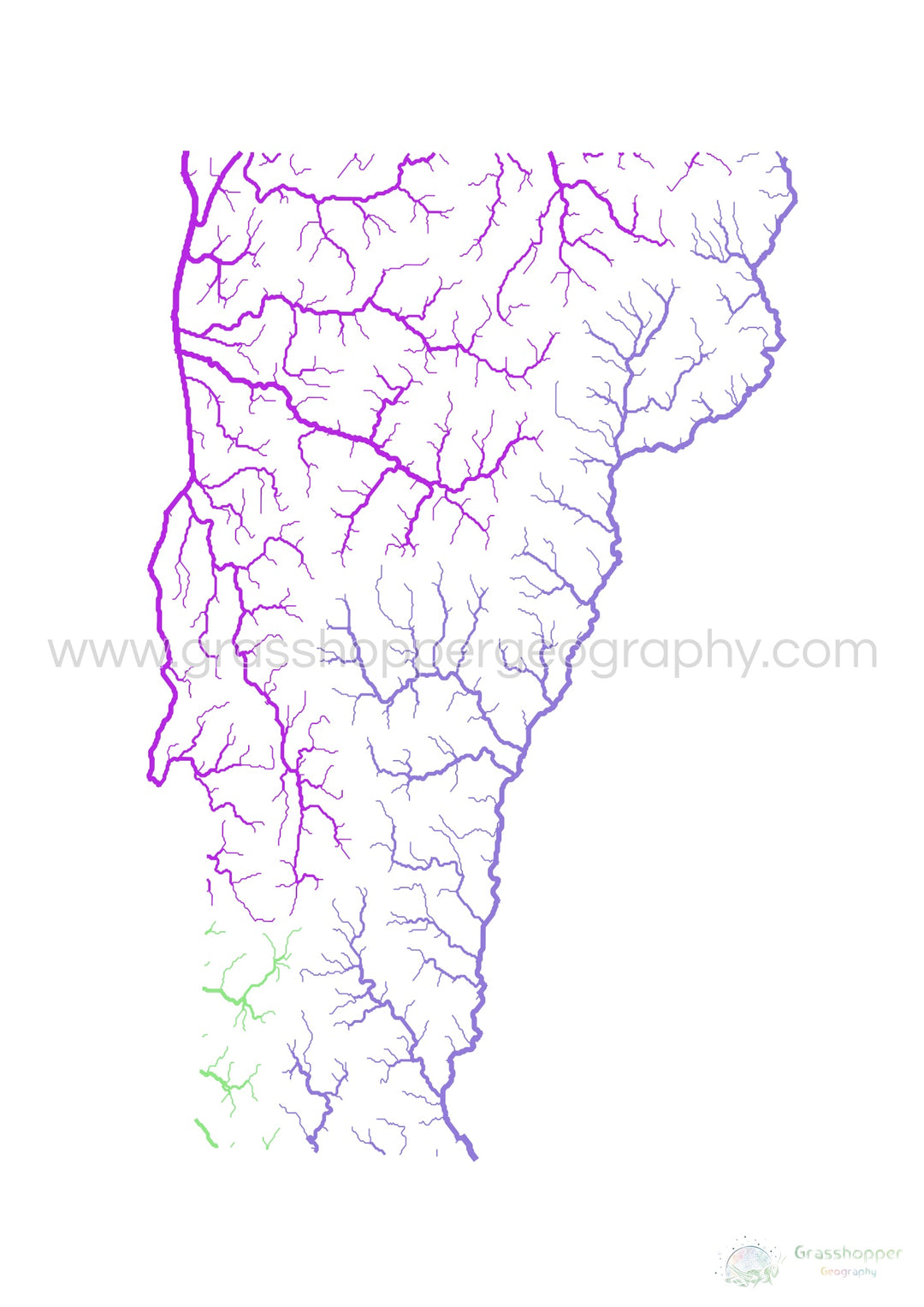 Vermont - Mapa de la cuenca del río, arco iris sobre blanco - Impresión de Bellas Artes