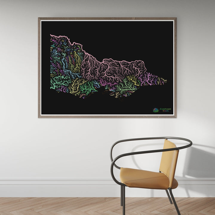 River basin map of Victoria, pastel colours on black - Fine Art Print
