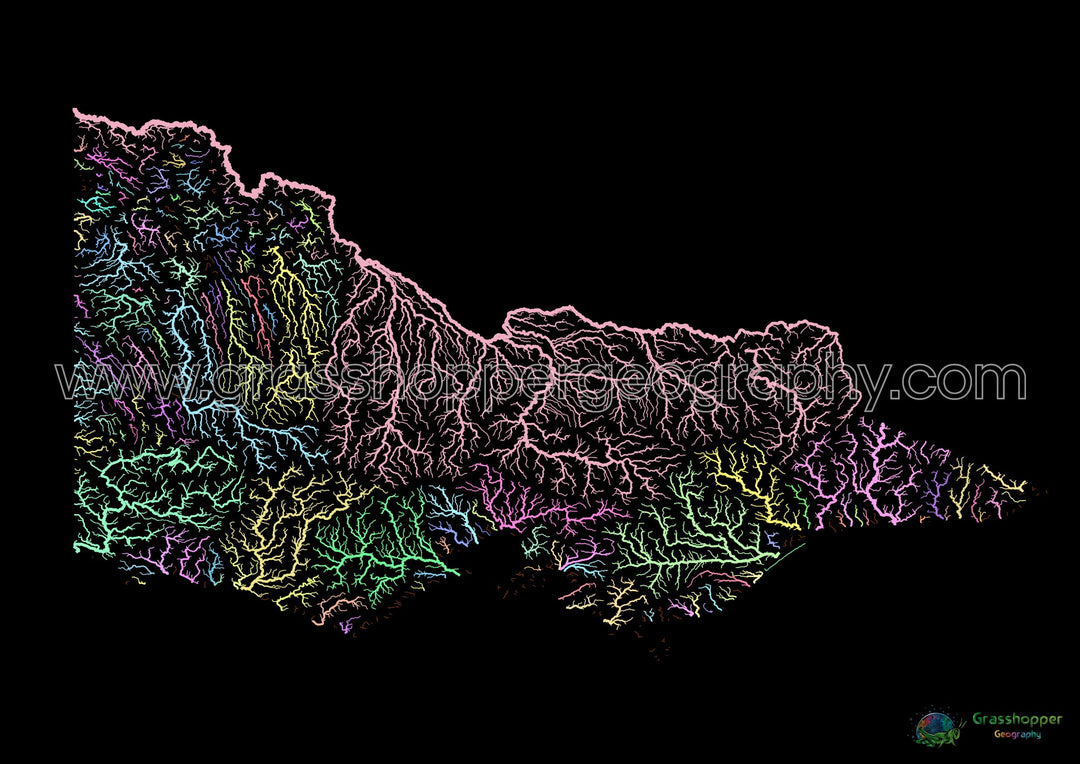 Victoria - Carte du bassin fluvial, pastel sur noir - Fine Art Print