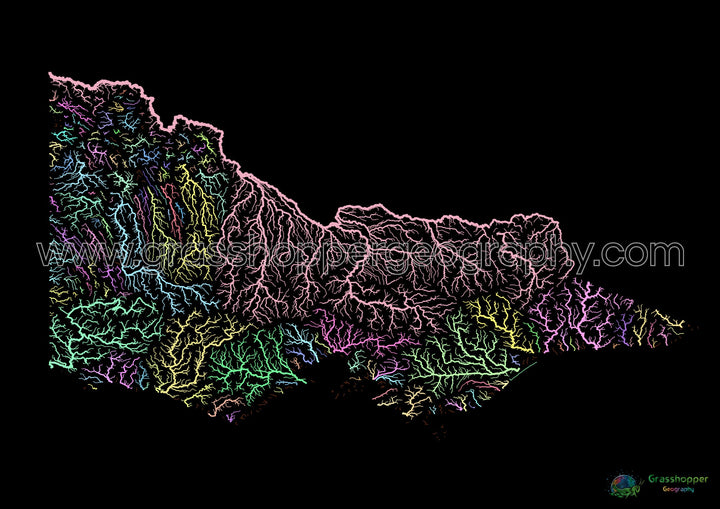 Victoria - Mapa de la cuenca del río, pastel sobre negro - Impresión de Bellas Artes
