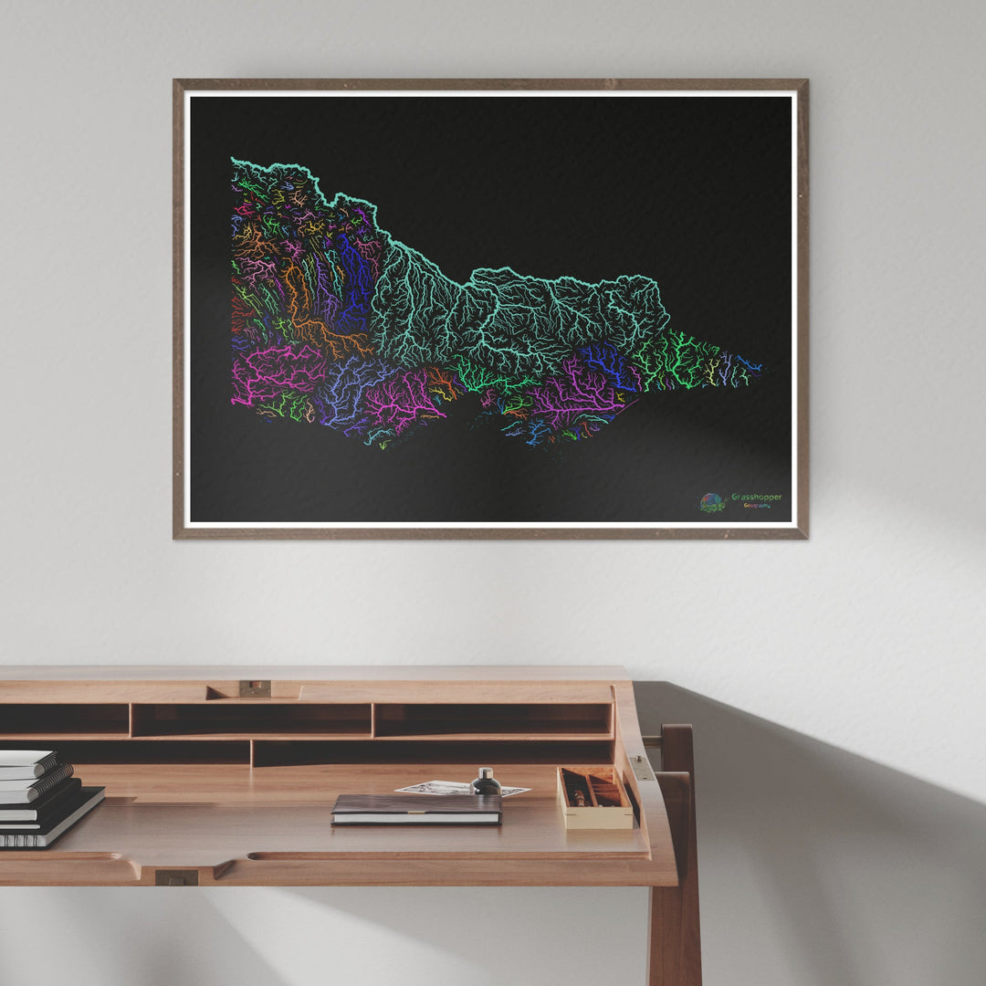 River basin map of Victoria, rainbow colours on black - Fine Art Print