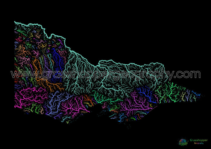 River basin map of Victoria, rainbow colours on black - Fine Art Print