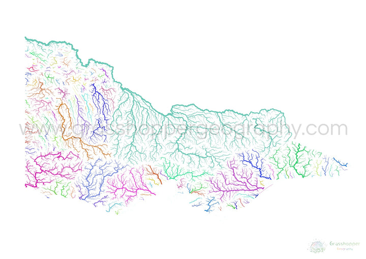 Victoria - River basin map, rainbow on white - Fine Art Print