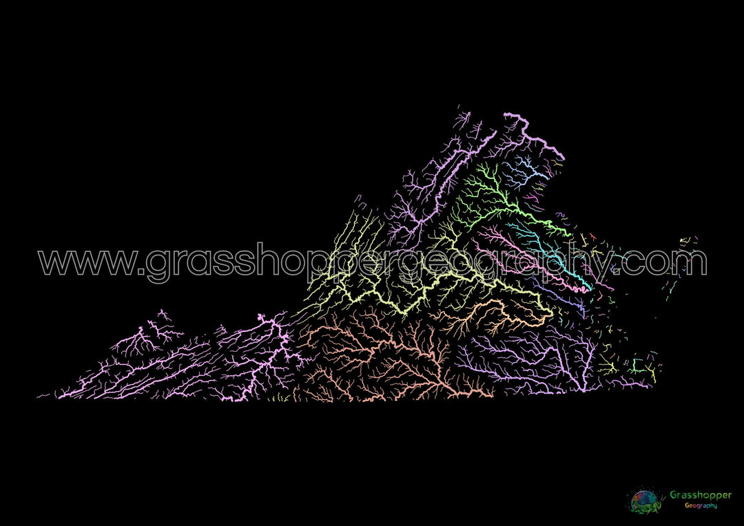 River basin map of Virginia, pastel colours on black - Fine Art Print