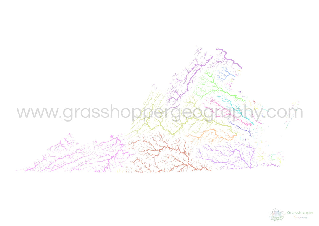 River basin map of Virginia, pastel colours on white - Fine Art Print