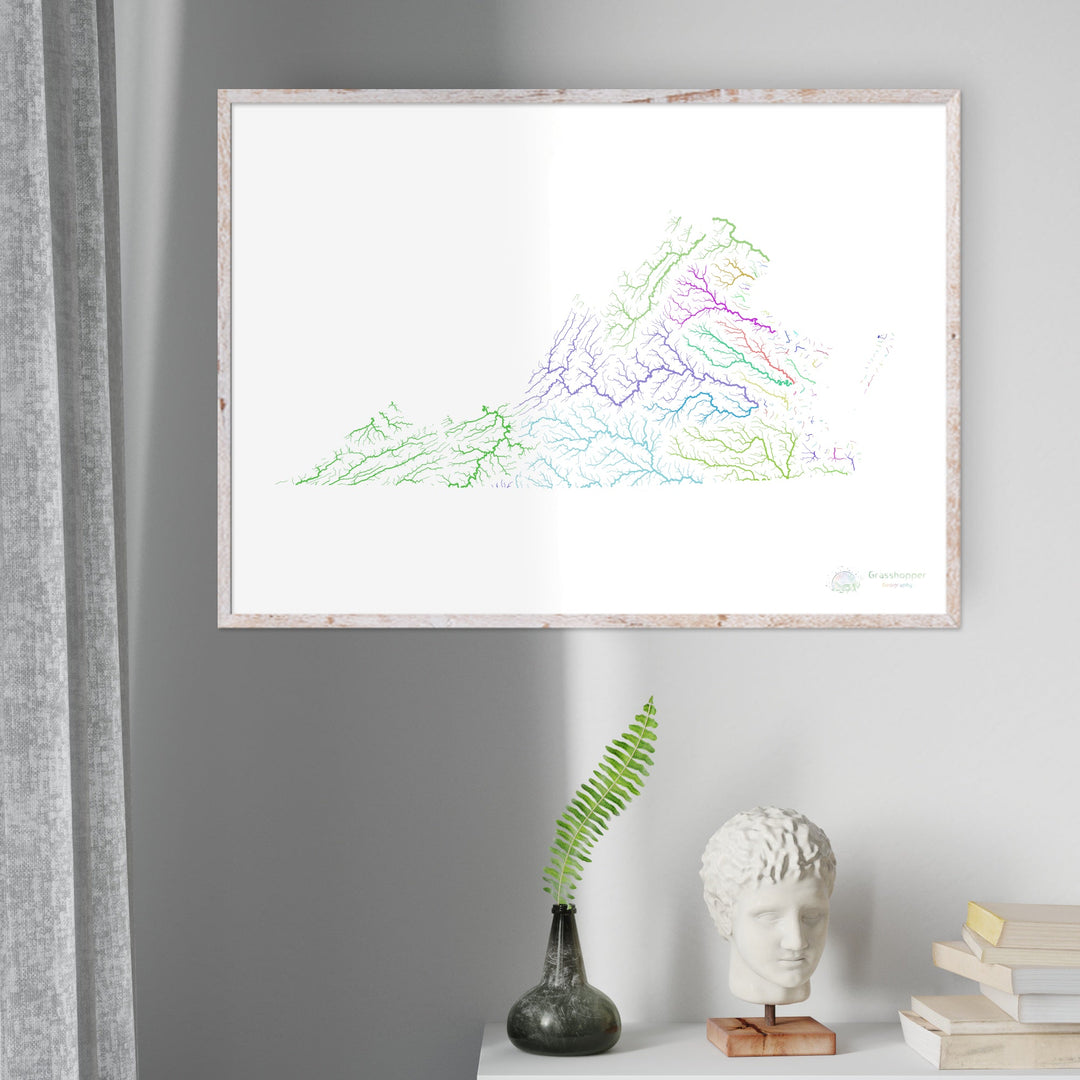 Virginia - River basin map, rainbow on white - Fine Art Print