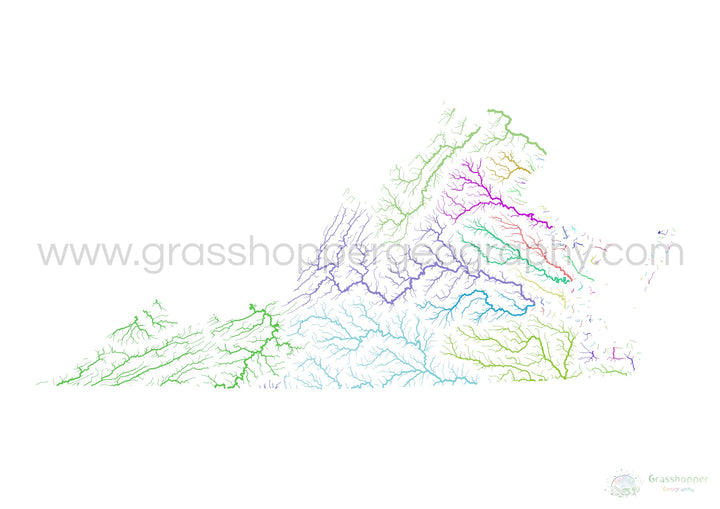 Virginie - Carte du bassin fluvial, arc-en-ciel sur blanc - Fine Art Print