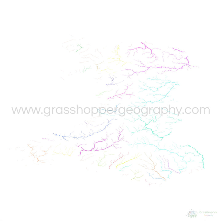 Pays de Galles - Carte des bassins fluviaux, pastel sur blanc - Fine Art Print