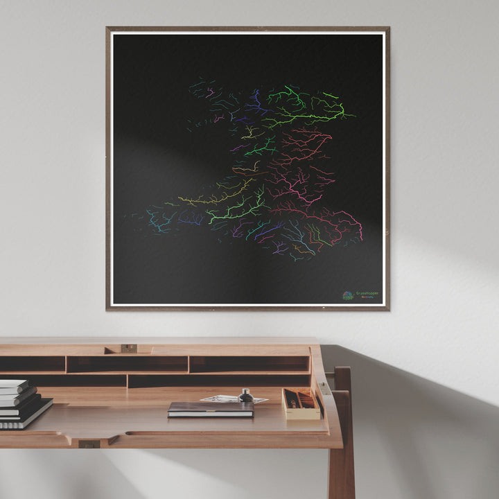 Wales - River basin map, rainbow on black - Fine Art Print